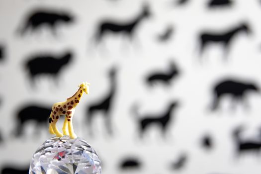 Toy giraffe on a crystal ball with animal silhouettes blurred in the background.