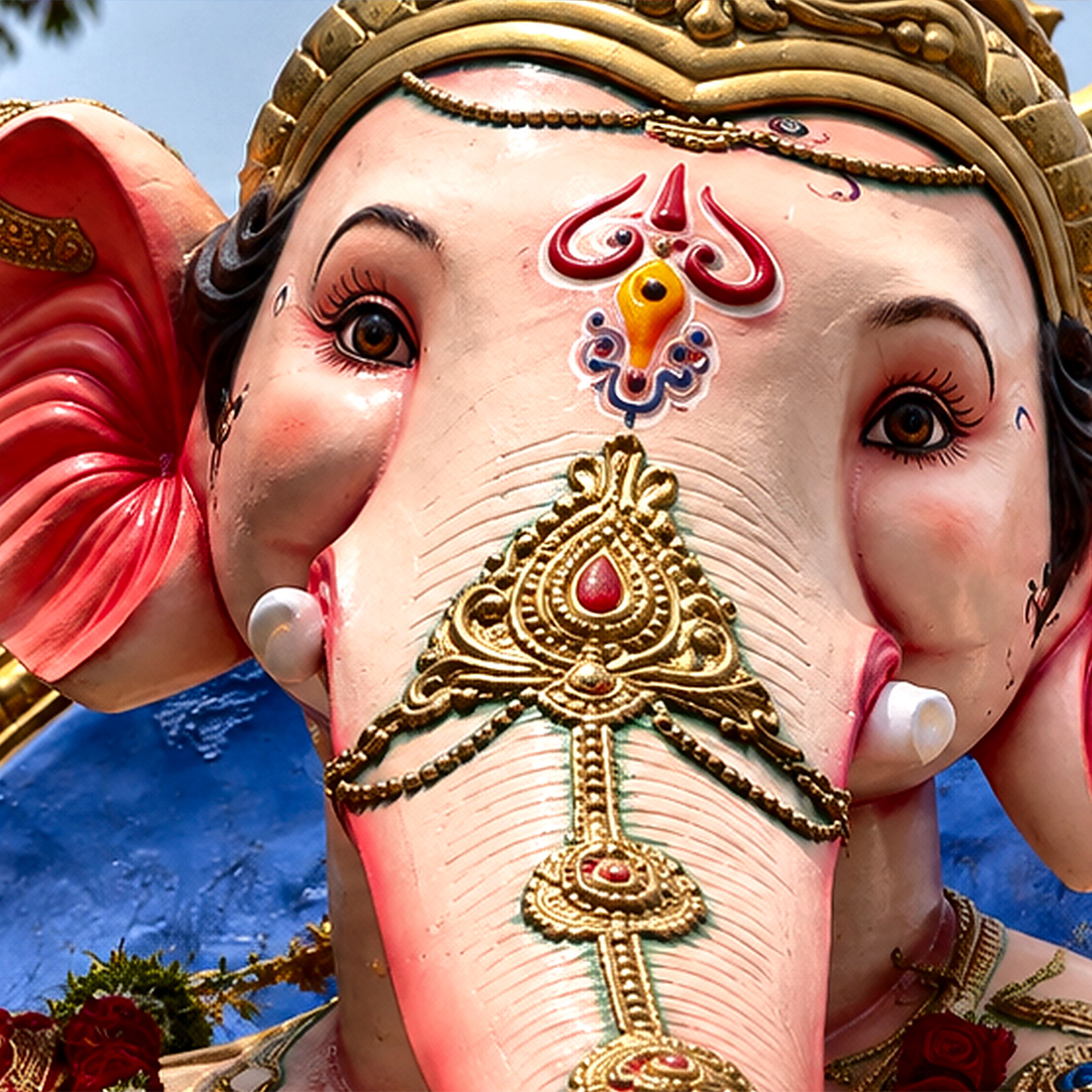 Close-up of a beautifully detailed Ganesh idol with vibrant colors in Mumbai, India.