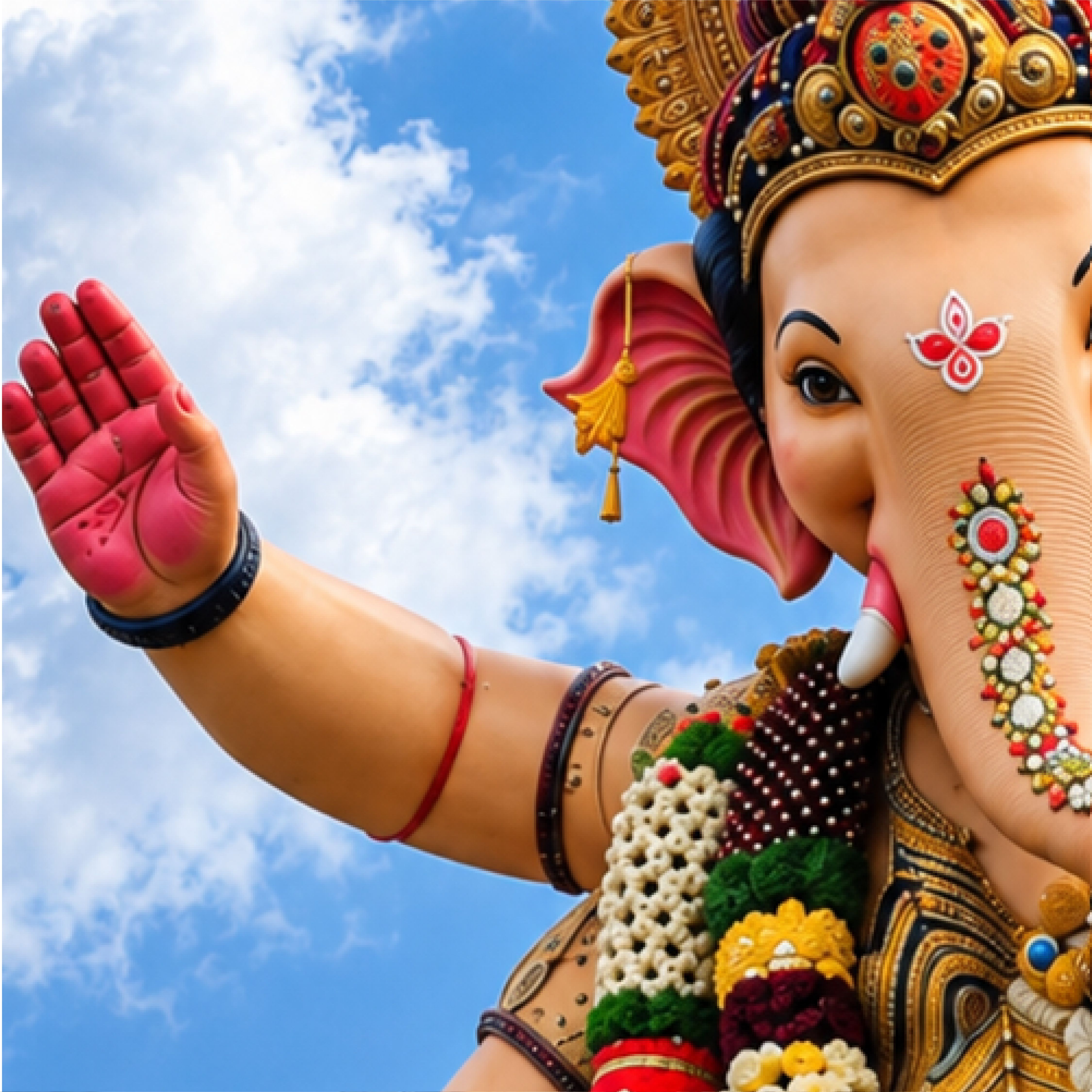 Vibrant Ganesh idol under blue skies, capturing Indian spiritual essence and cultural heritage.