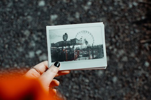A polaroid photo of a fairground ride in Rhyl, Wales held by a woman.