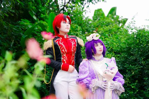 Free A vibrant outdoor portrait of two adults in elaborate cosplay costumes, surrounded by lush greenery. Stock Photo