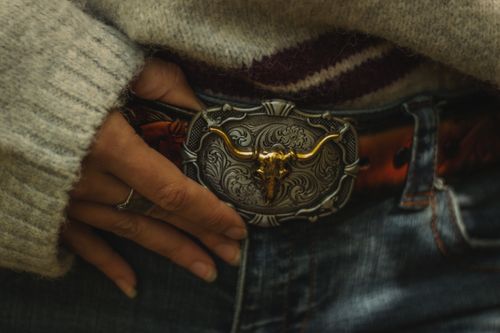Free A detailed close-up of a belt buckle with intricate bull skull design, worn with denim jeans. Stock Photo