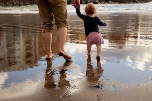 Free Father and Child Walking on the Shore Stock Photo