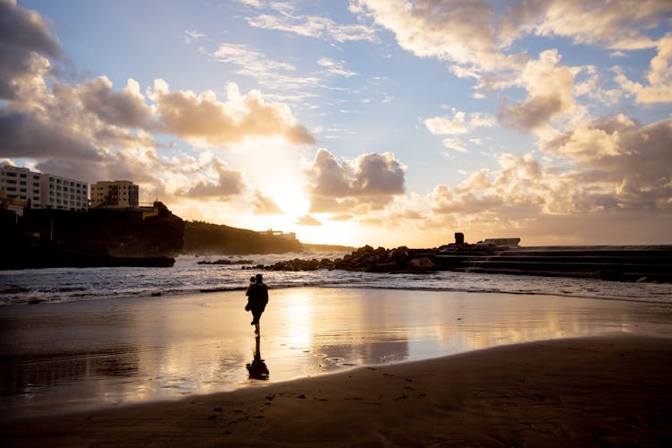 Silhouette Of Person Walking On Beach During Sunset