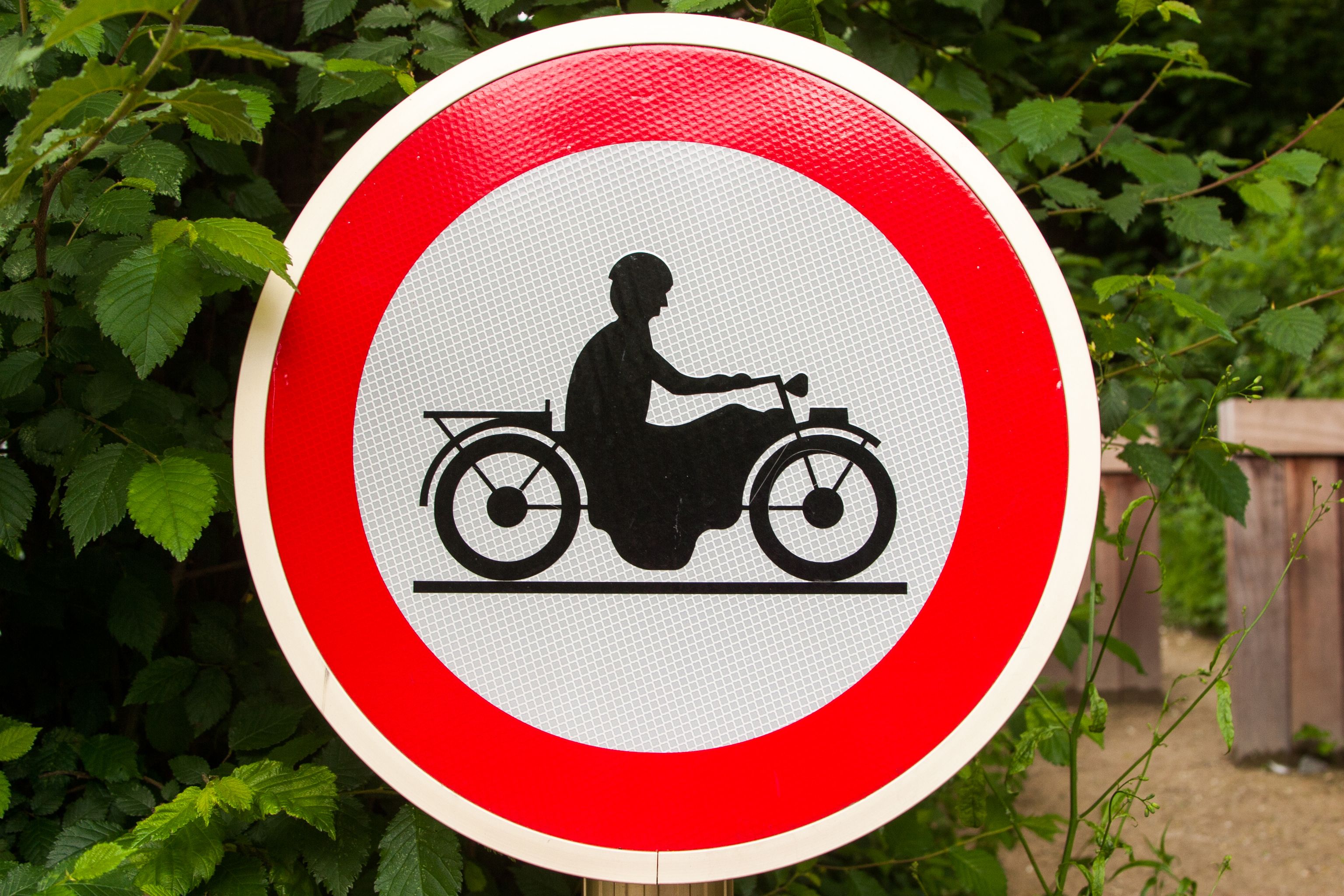 A circular motorcycle prohibition sign surrounded by green foliage.