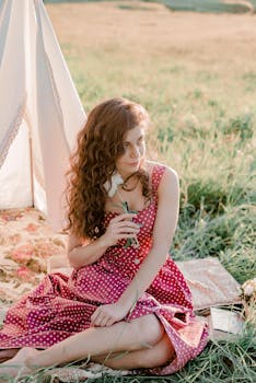 一名身穿红色圆点连衣裙的年轻女子，在户外捧着鲜花，享受阳光明媚的野餐