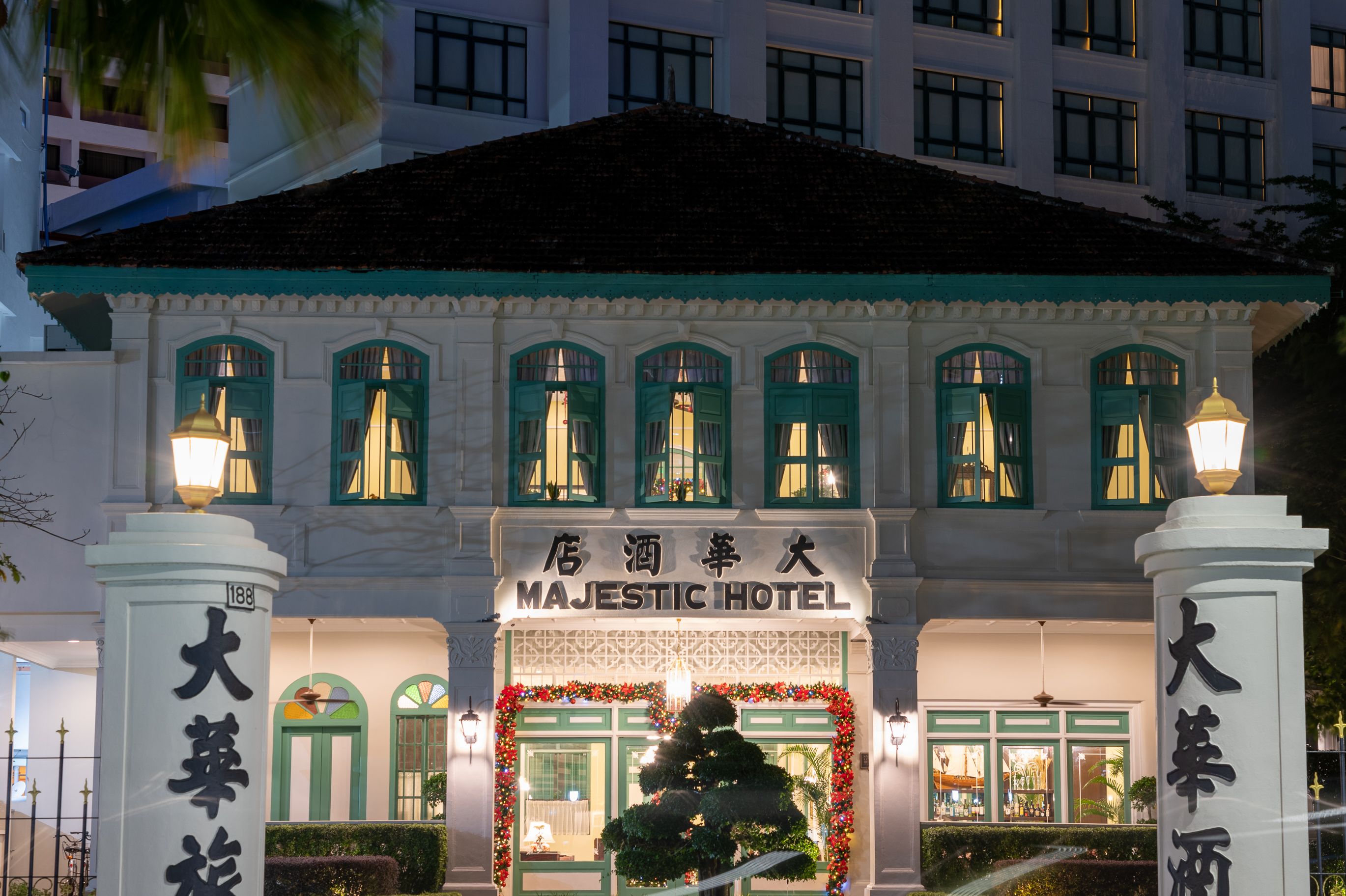 Majestic Hotel in Malacca, Malaysia, beautifully illuminated at night.