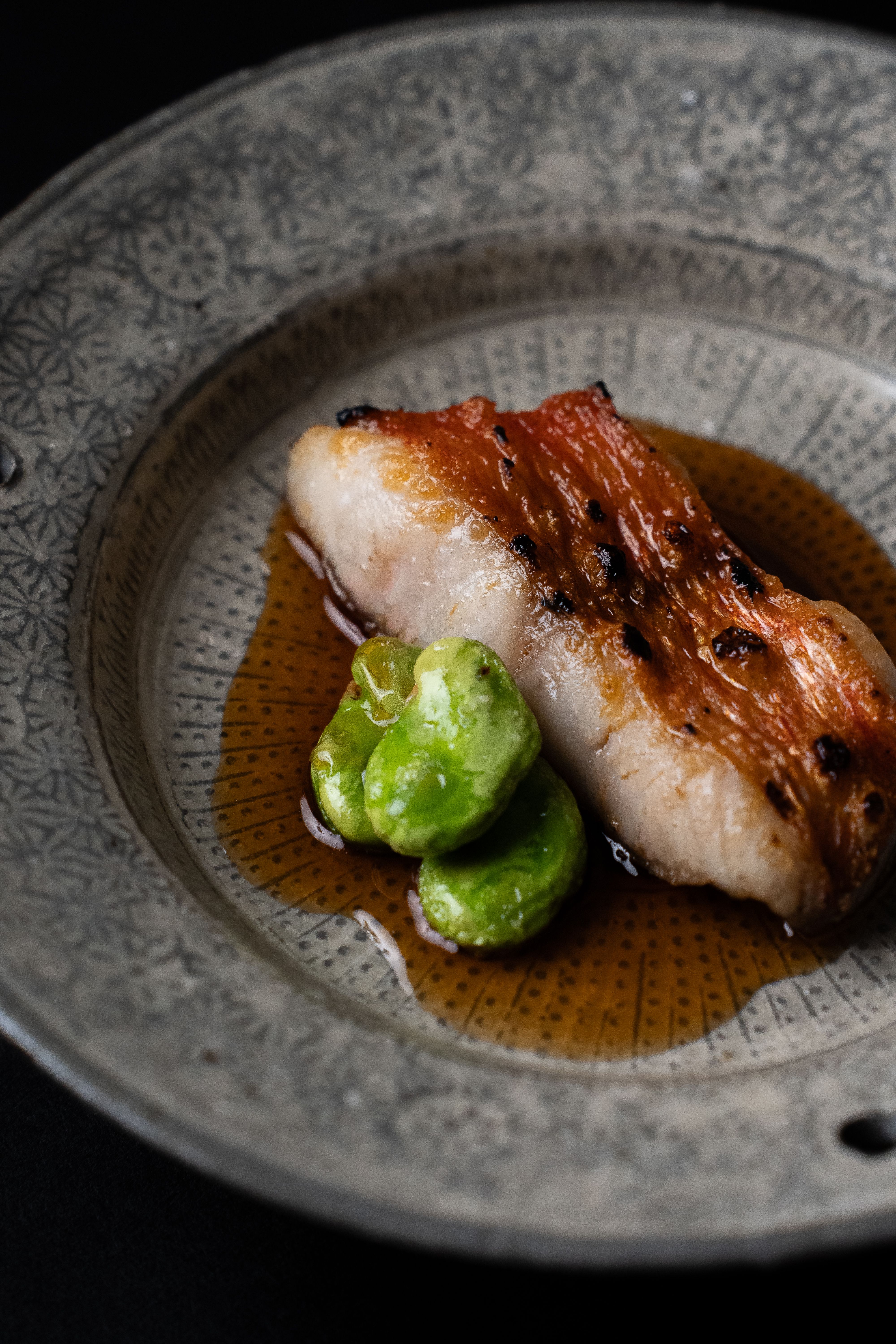 Delicious Japanese dish showcasing fish and vegetables on a decorative plate in Tokyo.