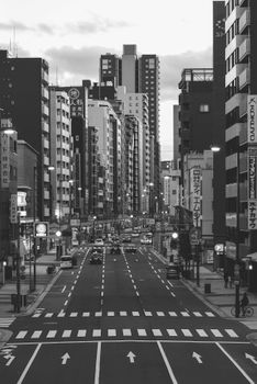 日本大阪的城市街道呈现出黑白景观，其中有摩天大楼和人行横道