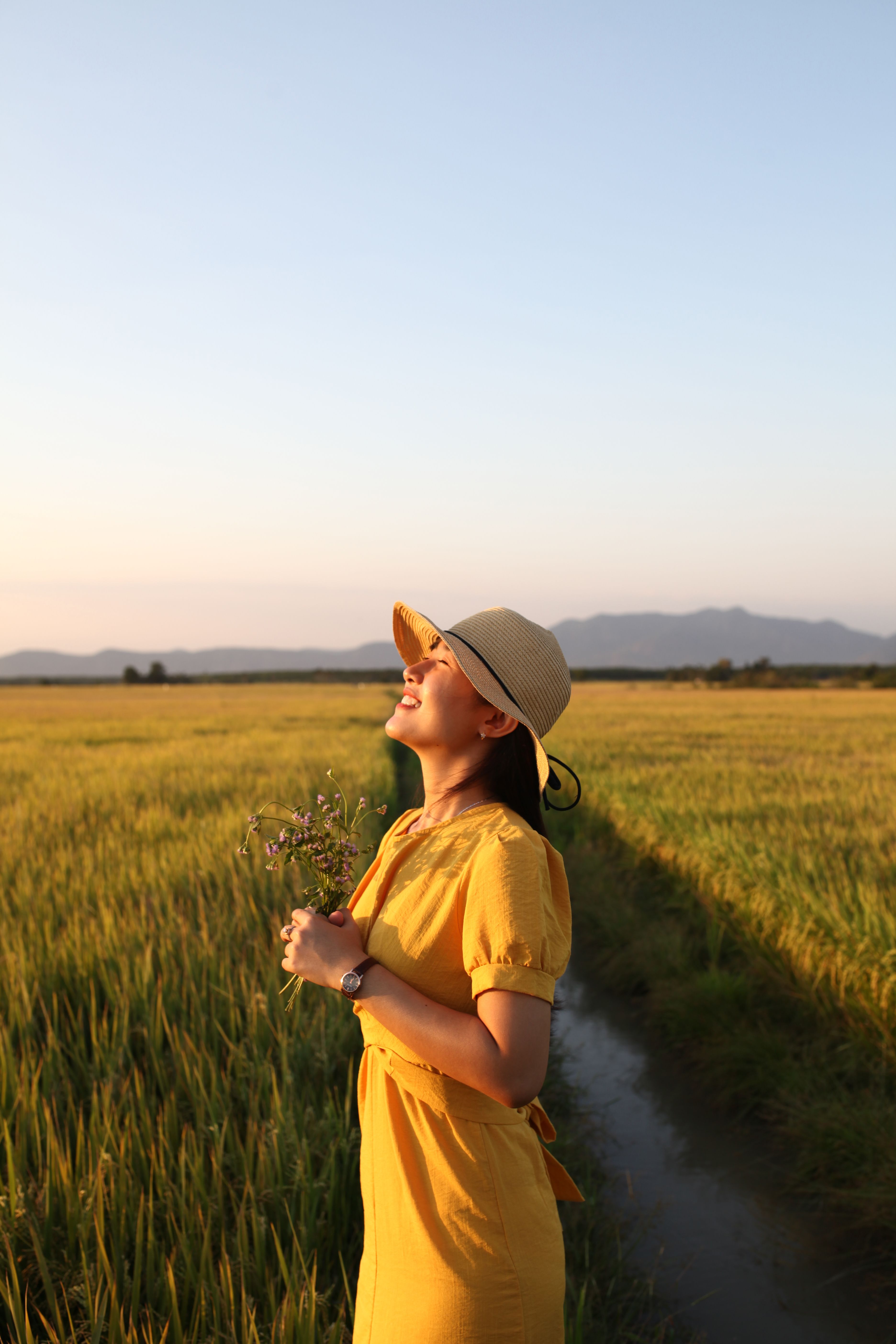 Woman in Brown Sun Hat and Yellow Dress Standing on Green Grass Field ...