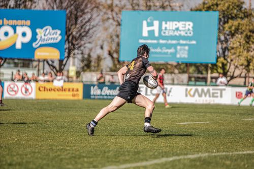 Free Rugby player in action sprinting across the field during a match on a sunny day. Stock Photo