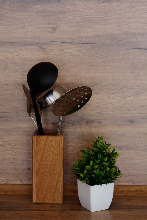 Free Aesthetic kitchen scene with utensil holder and fresh green plant on wooden surface. Stock Photo