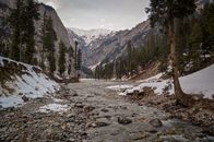 雪山山谷风景优美，河流流淌，树木葱郁，非常适合自然爱好者