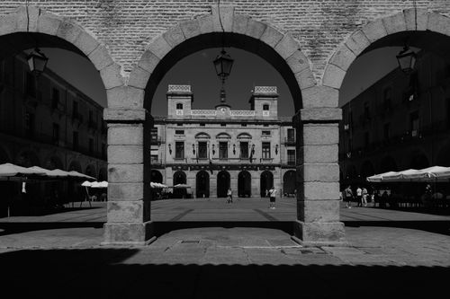 Free A black and white view of a historic plaza in Ávila, showcasing classic architecture. Stock Photo