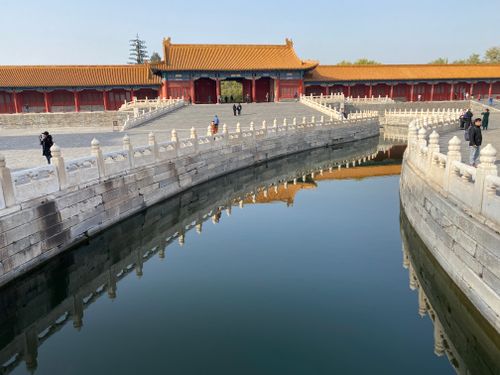 Free Serene view of the Forbidden City with reflection in the surrounding moat, capturing historical architecture. Stock Photo