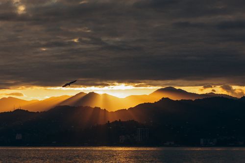 Free A stunning sunset with sun rays breaking through clouds over mountains, featuring a lone bird in flight. Stock Photo