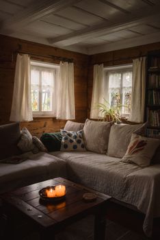 Warm and inviting rustic living room with wooden walls and soft natural light.