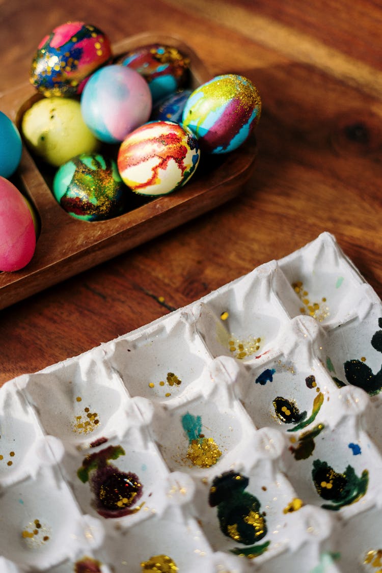 Easter Eggs On Wooden Tray