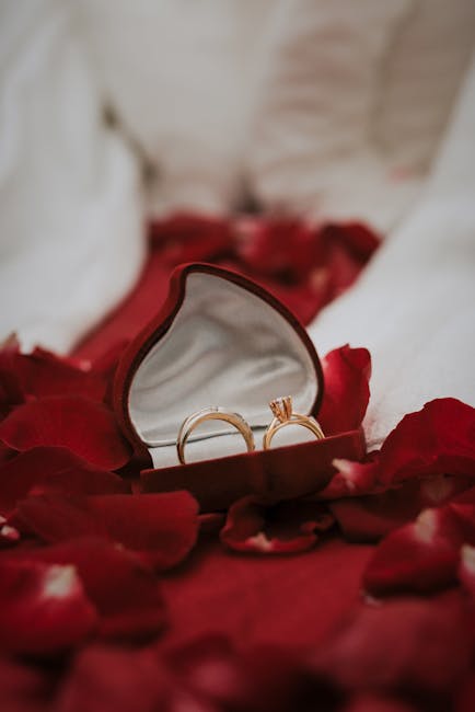 Beautiful engagement rings in a velvet box, surrounded by red rose petals. Perfect for romantic occasions.