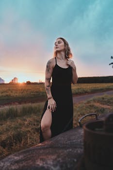 日落时分，在宁静的巴西乡村，一位身穿时尚黑色连衣裙的女子优雅地摆着姿势