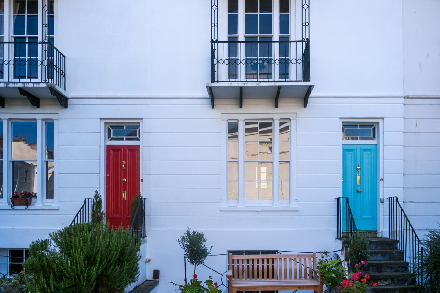 Townhouses in Bristol with brightly painted front doors