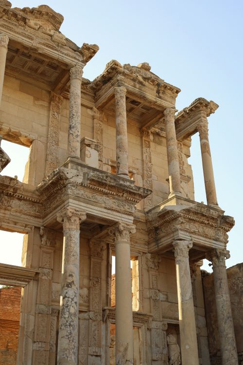 Free Ancient Roman architecture of the Library of Celsus at Ephesus, showcasing classic marble columns. Stock Photo