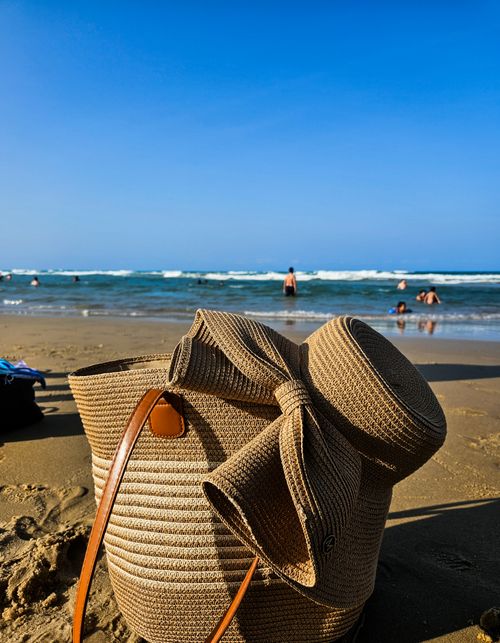 Free Summer beach scene featuring a straw bag, ocean waves, and people enjoying the sun. Stock Photo