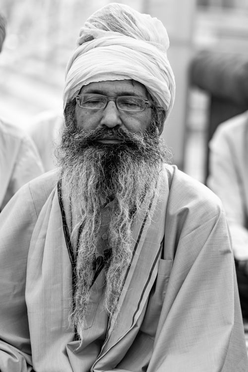 Free Black and white portrait of an elderly man with a turban and long beard, seated serenely. Stock Photo