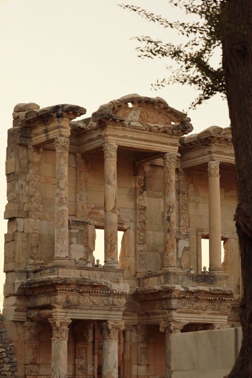 Free Exterior view of the ancient Library of Celsus in Ephesus at dusk, showcasing classical architecture. Stock Photo