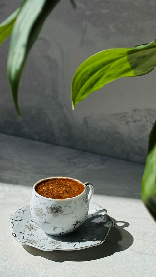 Free A cup of Turkish coffee in a floral design cup with green leaves casting shadows Stock Photo