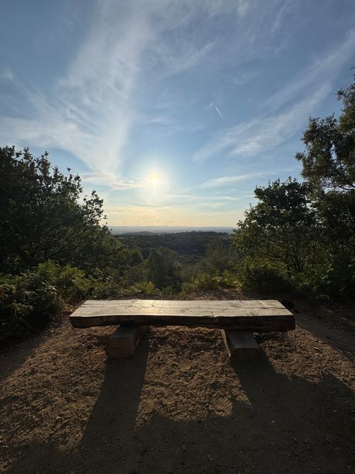 Free A scenic view of a wooden bench facing a hilly landscape in Bickerton, UK during sunset. Stock Photo