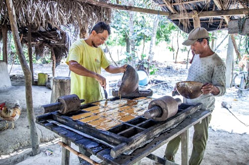 Man Pouring Hot Sugar Cane on Wooden Molds