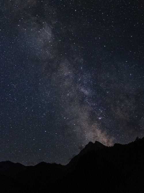 Free Breathtaking view of the Milky Way galaxy above mountain silhouettes at night. Stock Photo