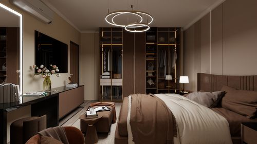 Free A contemporary bedroom featuring elegant lighting and chic furnishings. Stock Photo