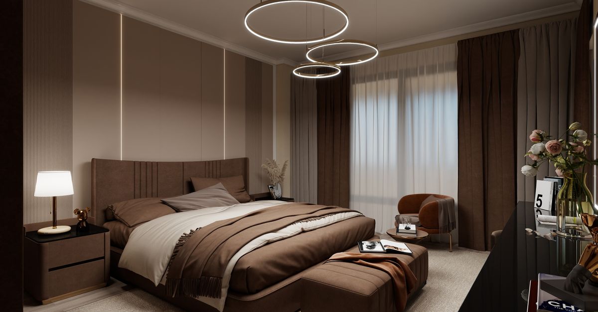 Luxurious bedroom with modern lighting, soft textures, and brown tones for a cozy feel.