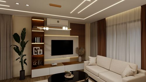 Free Stylish living room featuring a neutral sofa, LED lighting, and modern decor elements. Stock Photo