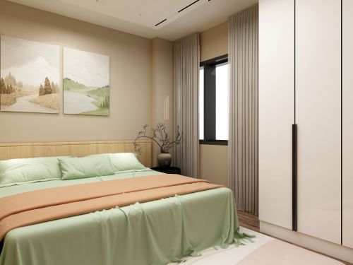 Free Elegant minimalist bedroom with soft green bedding, art, and natural light. Stock Photo
