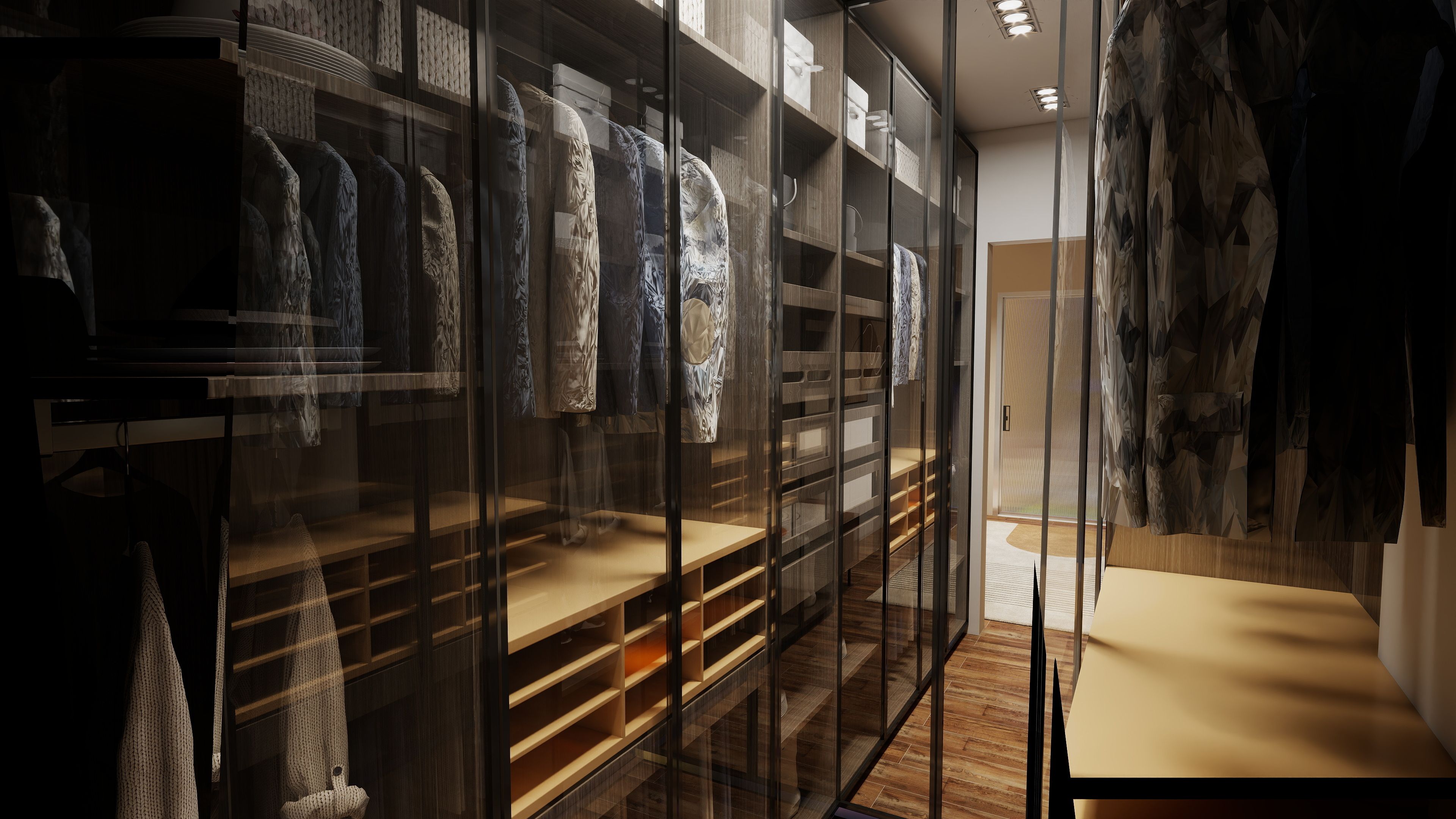 Elegant walk-in closet with glass doors and wooden flooring.