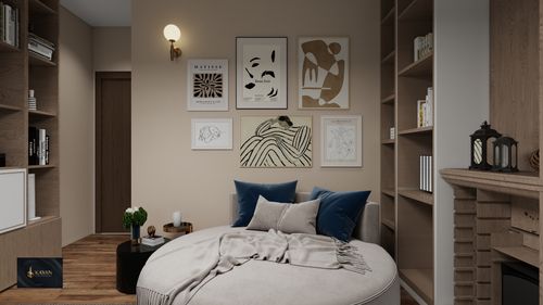 Free Modern Scandinavian living room with wall art and round sofa. Stock Photo