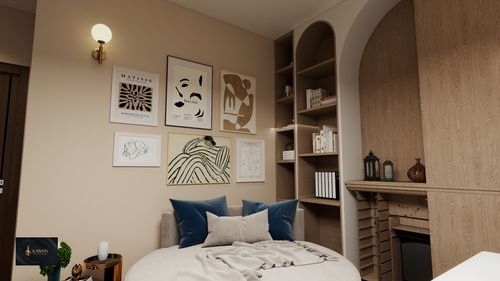 Free Warm and inviting modern living room featuring abstract wall art and cozy seating. Stock Photo