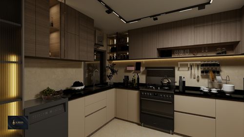 Free Sleek modern kitchen design featuring elegant wooden cabinetry and dark countertops. Stock Photo