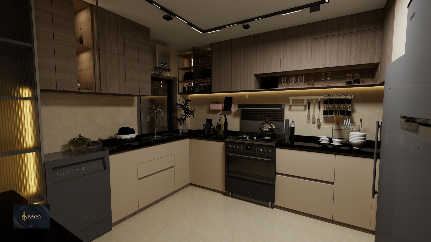 Luxury modern kitchen with minimalist cabinetry and gold details