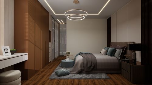 Free Stylish contemporary bedroom design with modern lighting and cozy decor. Stock Photo