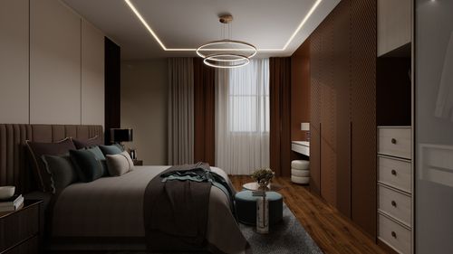 Free Stylish modern bedroom interior featuring minimalist design and elegant lighting for a cozy ambiance. Stock Photo