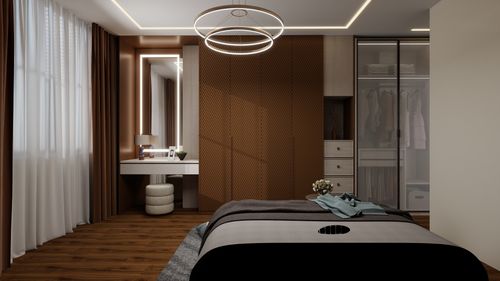 Free Elegant modern bedroom with minimalist design and stylish lighting. Stock Photo