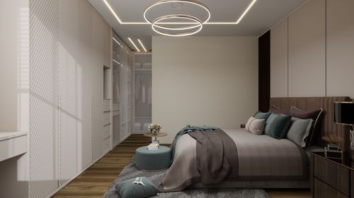 Free Elegant minimalist bedroom with stylish décor and contemporary lighting. Stock Photo