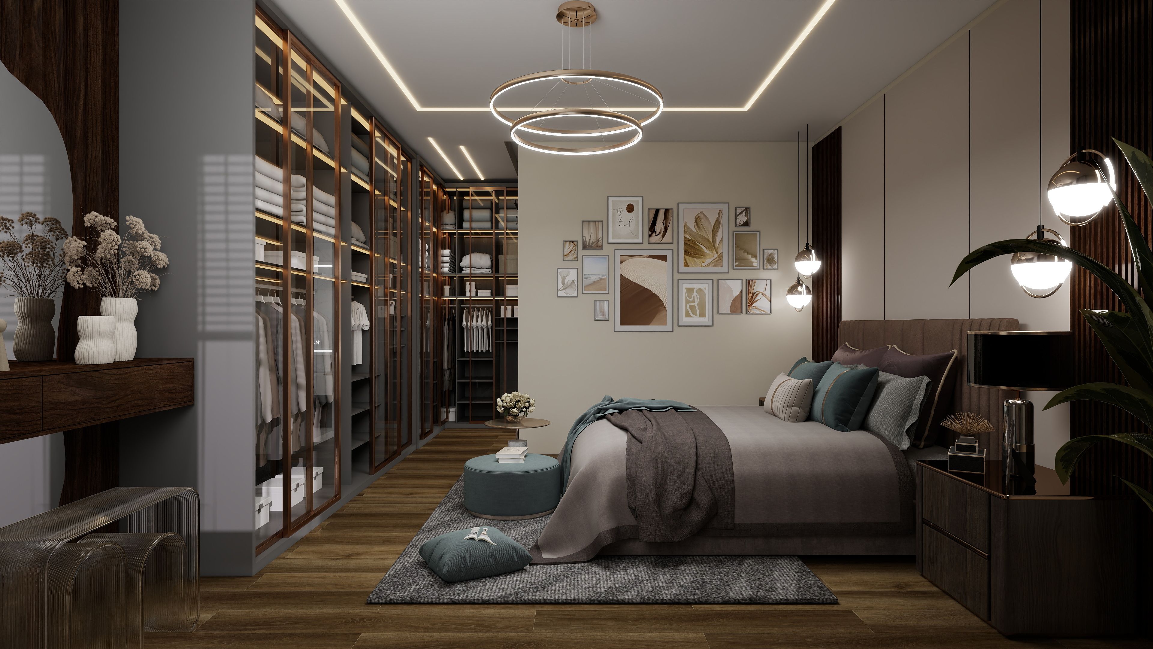 Elegant bedroom with contemporary design and spacious walk-in closet ideal for custom hardware integration.