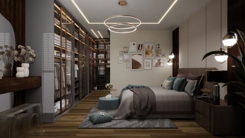 Free Elegant bedroom with contemporary design and spacious walk-in closet. Stock Photo