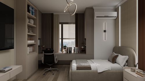 Free Sleek and stylish modern bedroom with bed, desk, and decor in neutral tones. Stock Photo