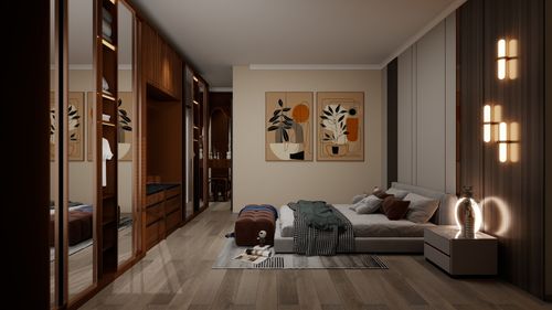 Free Contemporary bedroom features cozy decor and striking abstract art, offering a relaxing atmosphere. Stock Photo